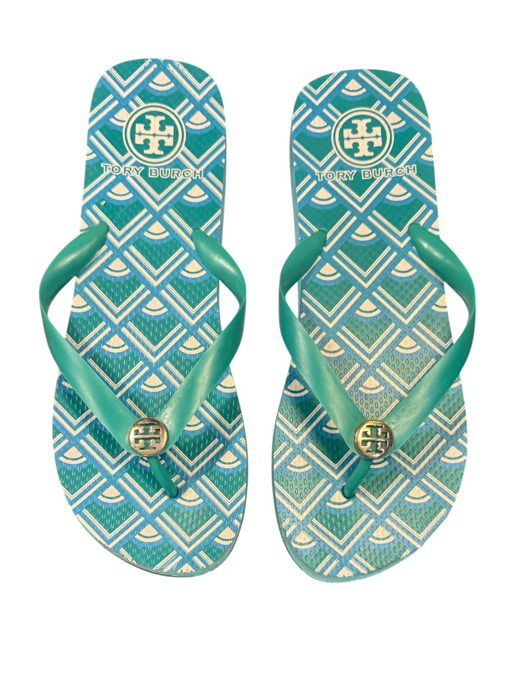 Tory Burch Teal Blue White Patterned Logo Flip Flop Thong Sandals Size 11